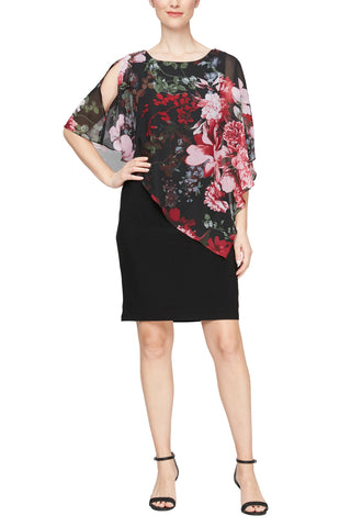 SL Fashion Boat Neck Embellished Shoulder Asymmetrical Multi Print Chiffon Overlay Jersey Dress - By Baano