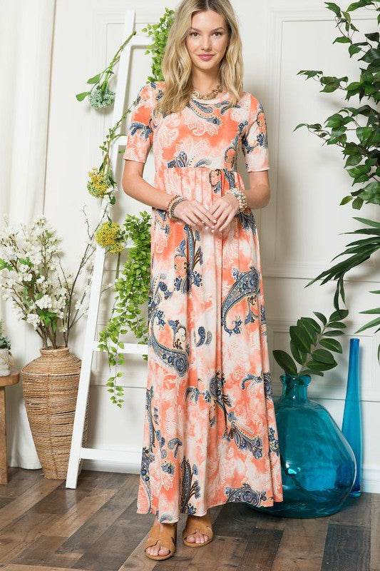 Celeste Paisley Print Short Sleeve Maxi Dress with Pockets - By Baano