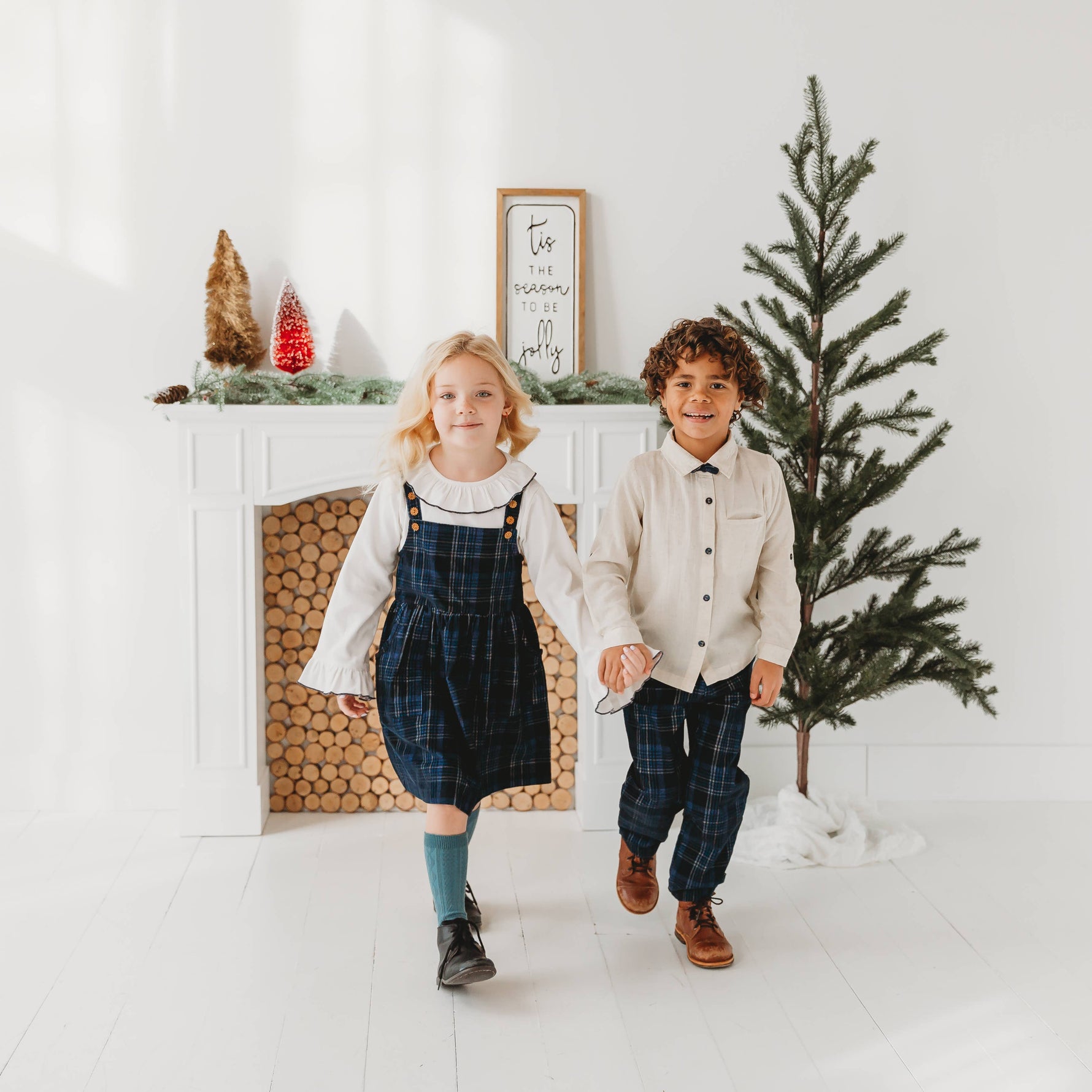 Boys Blue Plaid Cord Set, with Linen Shirt with Bow - By Baano