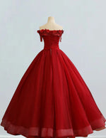 Red off the shoulder lace applique prom dress ball gown crystal beaded rhinestone long tulle evening party gown