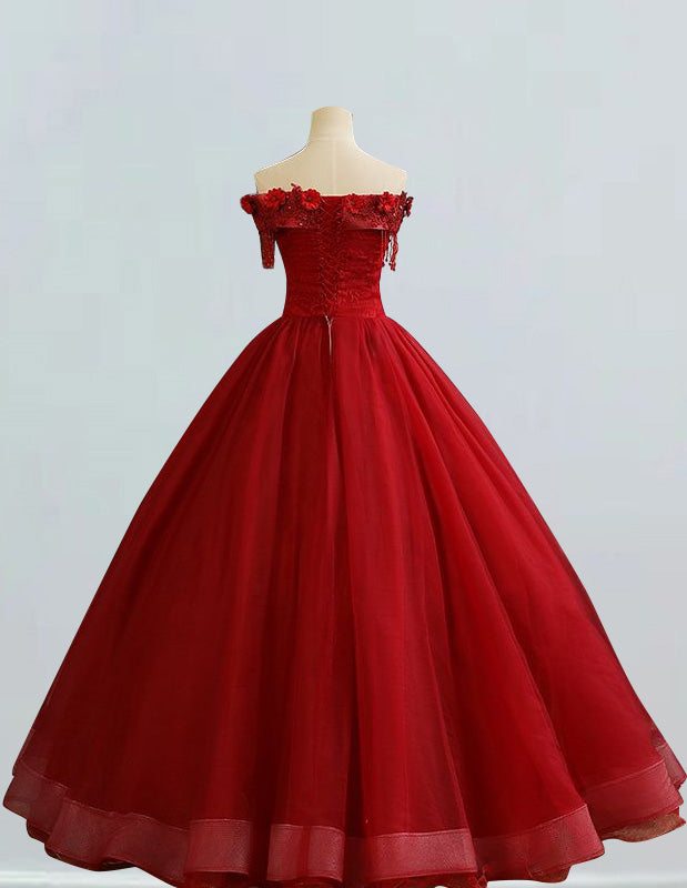 Red off the shoulder lace applique prom dress ball gown crystal beaded rhinestone long tulle evening party gown