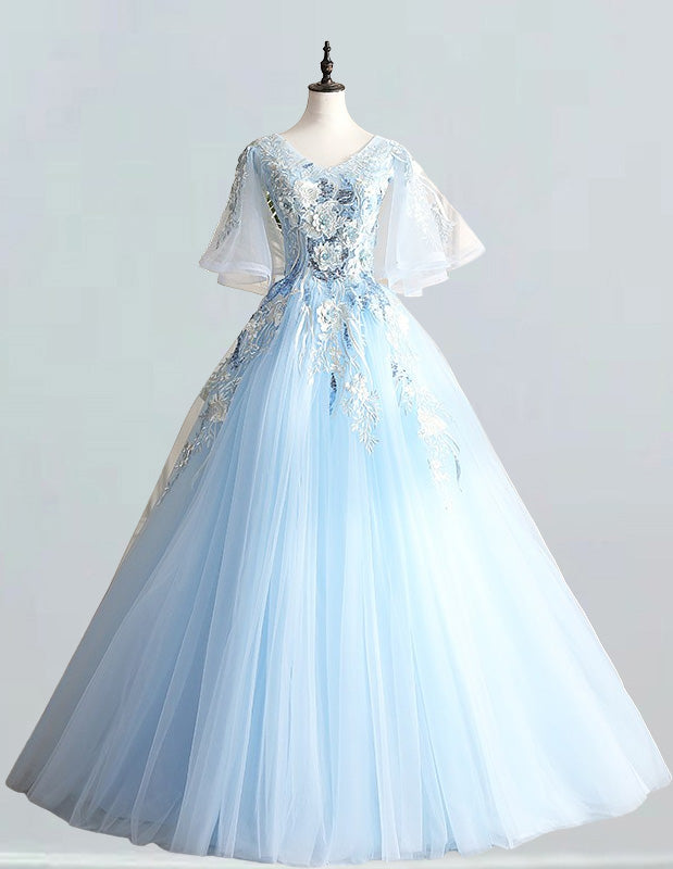 Blue v neck lace applique ball gown prom dress wedding bridal dress quinceanera gown
