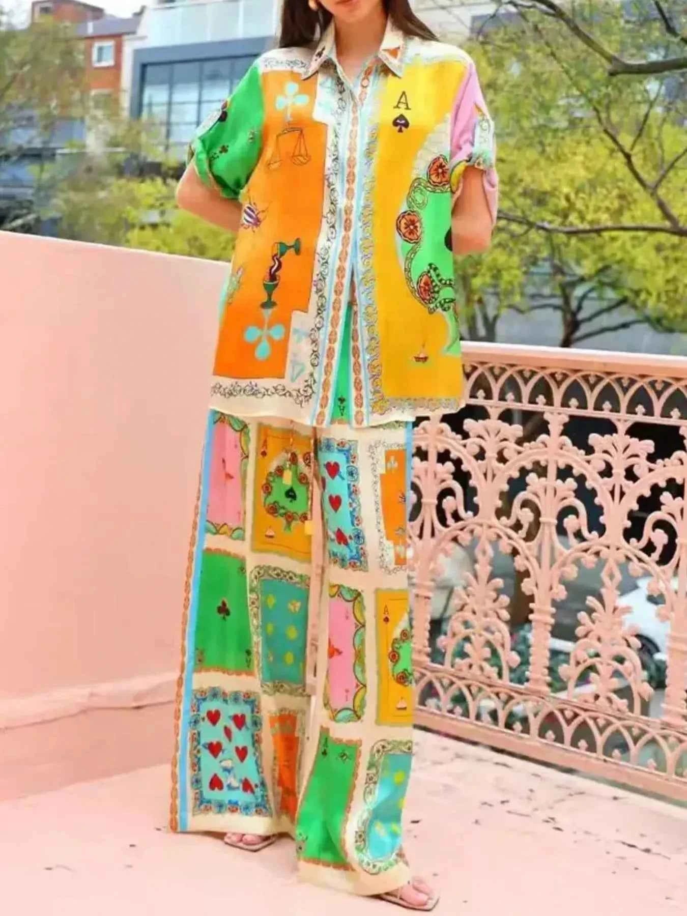 Colorful Print Shirt and Pants Two-Piece Set