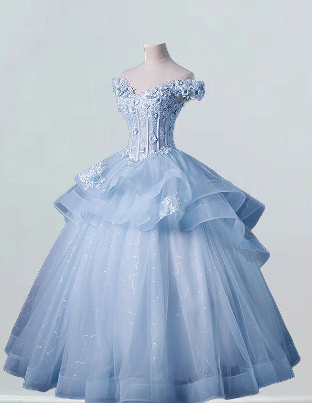Blue off the shoulder lace applique layered a line tulle ball goen evening dress