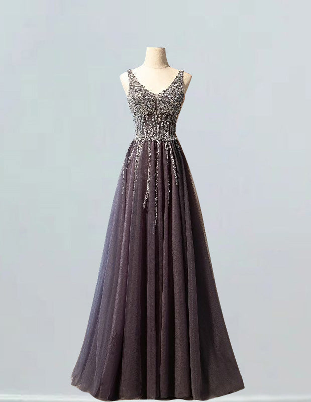 Gray v neck straps beaded prom dress crystal rhinestone long tulle ball gowns evening formal dress