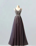 Gray v neck straps beaded prom dress crystal rhinestone long tulle ball gowns evening formal dress