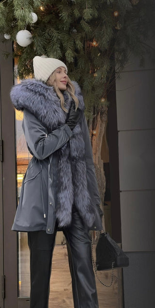 Genuine Silver Fox Fully Lined Hood Rabbit Insulated Parka - By Baano
