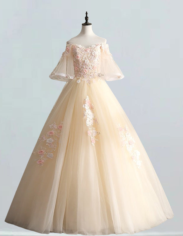 Women's Off-Shoulder Lace Applique Tulle Gown | Elegant Prom & Bridal Dress