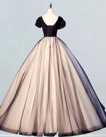 Black scoop lace short sleeve champagne long tulle prom gown