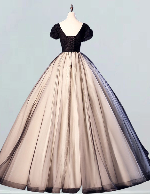 Black scoop lace short sleeve champagne long tulle prom gown