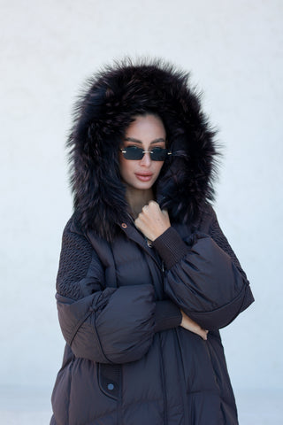 Dakota Genuine Fur Trim Down Fill Coat in Fig