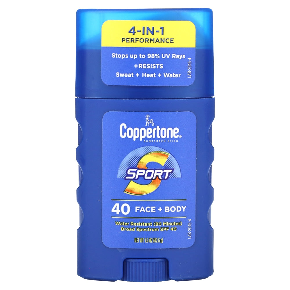 Coppertone Sport 4-in-1 Performance Face + Body Broad Spectrum Sunscreen Stick, SPF 40, 1.5 Oz