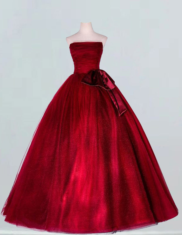 Burgundy Strapless Tulle Evening Gown | Prom & Bridal Ball Dress