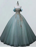 Off-Shoulder Blue Tulle Prom Dress with Gold Lace, Elegant Evening Gown for Girls