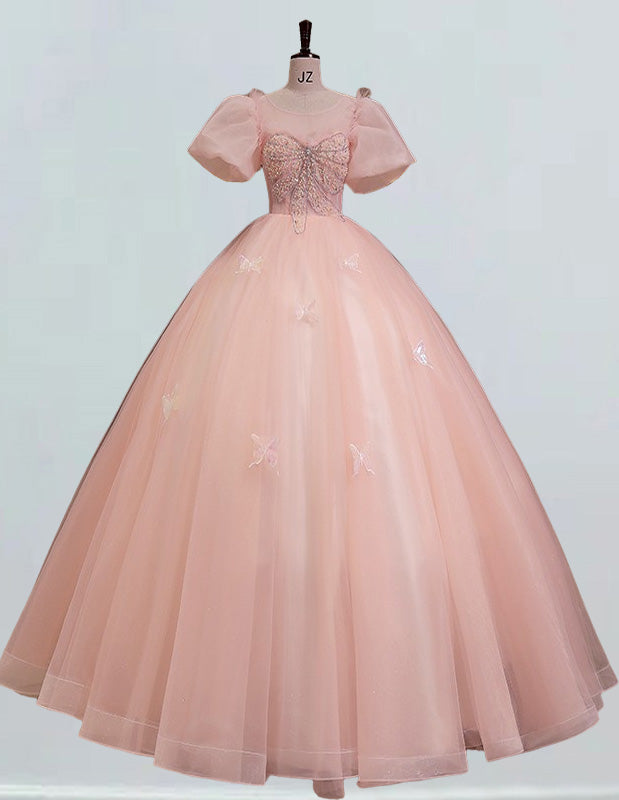 Pink Tulle Ball Gown Prom Dress | Puff Sleeves Beaded Scoop Bodice | Elegant Evening Wear