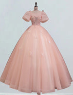 Pink Tulle Ball Gown Prom Dress | Puff Sleeves Beaded Scoop Bodice | Elegant Evening Wear