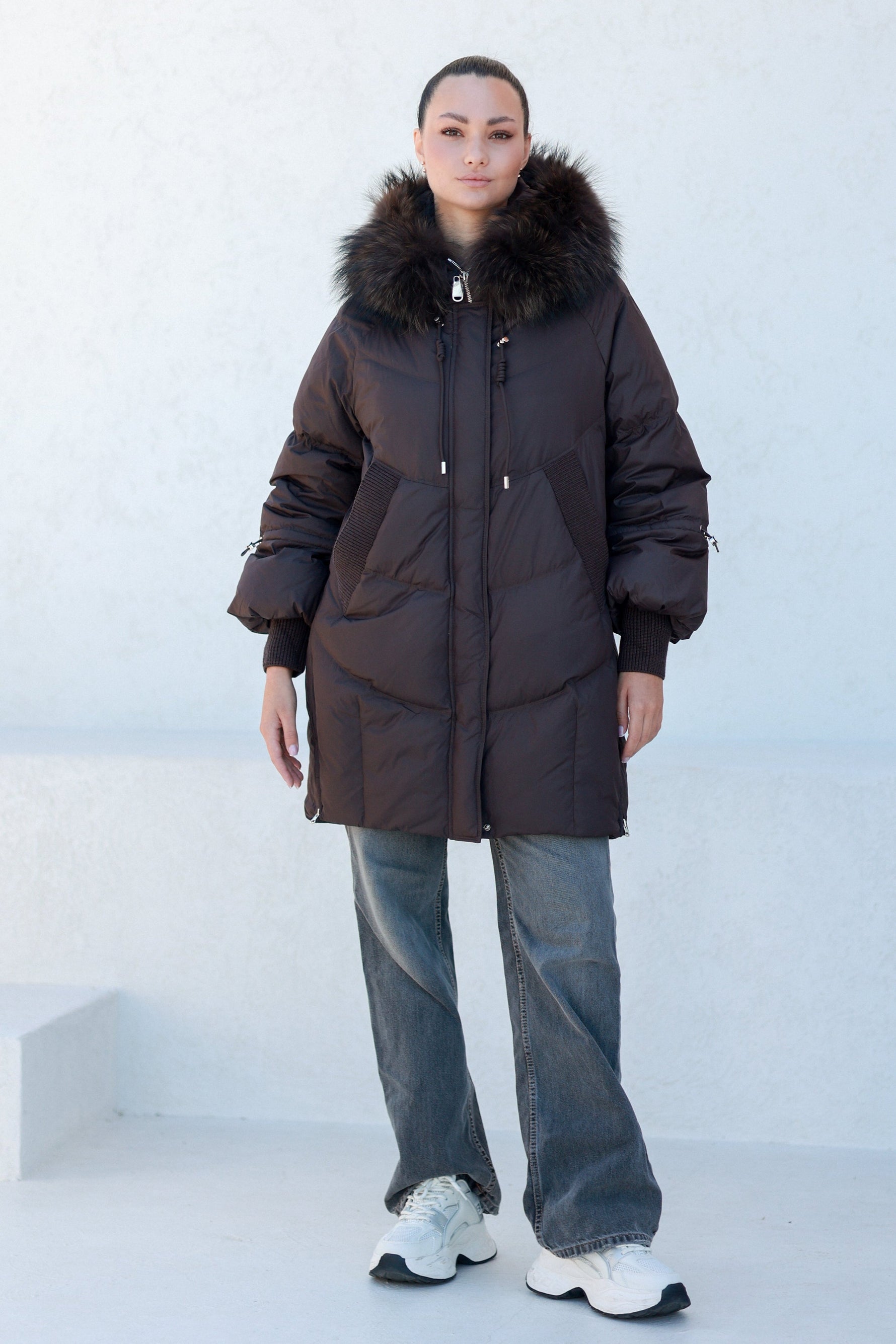 Celeste Genuine Fur Trim Down Fill Coat in Fig