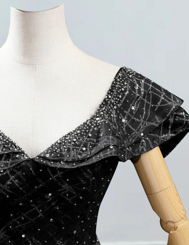 Women's Elegant Black V-Neck Beaded Prom Gown | Floor-Length Evening Dress