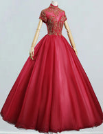 Elegant Burgundy Beaded Ball Gown | Prom & Bridesmaid Dress with Sleeves