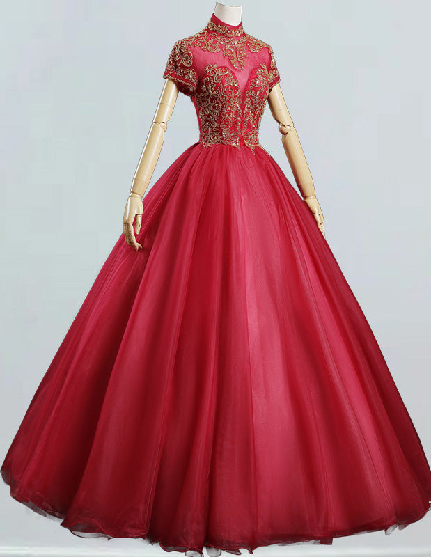 Elegant Burgundy Beaded Ball Gown | Prom & Bridesmaid Dress with Sleeves