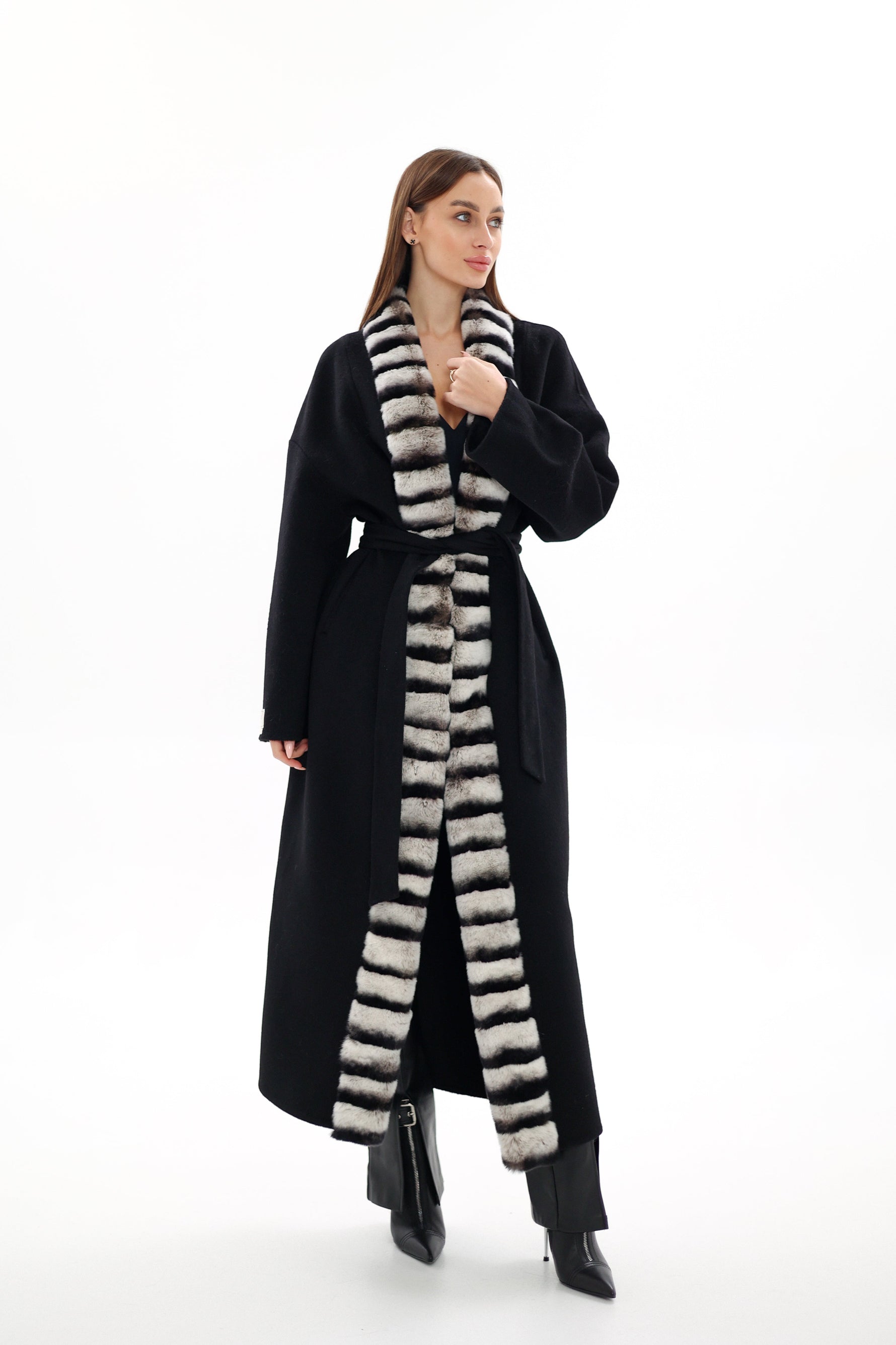 Genuine  French Orylag Fur Italian Cashmere Wool Coat