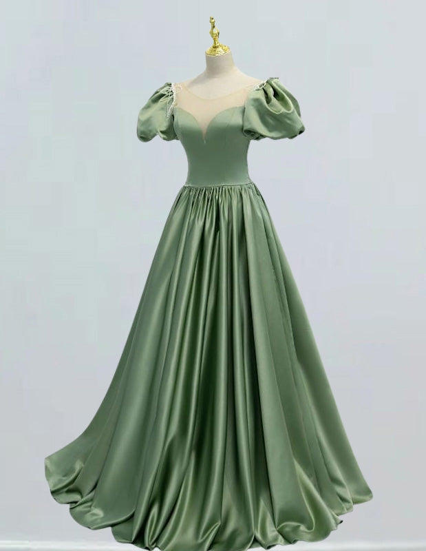 Women's Elegant Green Satin Prom Dress | Scoop Neck Short Sleeve Evening Gown