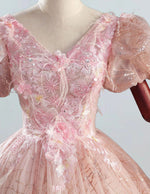 Pink v neck lace beaded applique princess wedding ball gown long tulle evening gown party dress