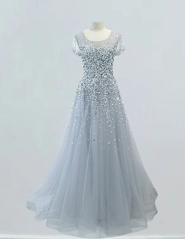 Silver Grey Tulle Prom Dress with Rhinestone Sleeves - Girls' Elegant Evening Gown