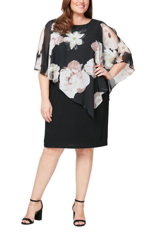 SL Fashion Boat Neck Embellished Shoulder Asymmetrical Multi Print Chiffon Overlay Jersey Dress - By Baano