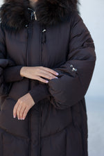 Celeste Genuine Fur Trim Down Fill Coat in Fig