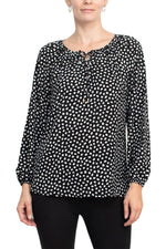 Counterparts Tie Neck Long Sleeve Printed Chiffon Mesh Top - Glamourous Grace