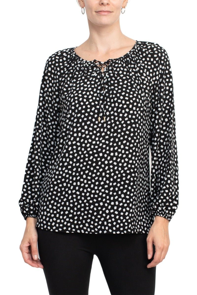 Counterparts Tie Neck Long Sleeve Printed Chiffon Mesh Top - Glamourous Grace