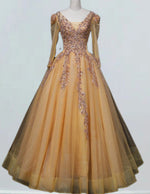 Gold v neck long sleeve lace applique floor length tulle ball gown wedding bridal dress