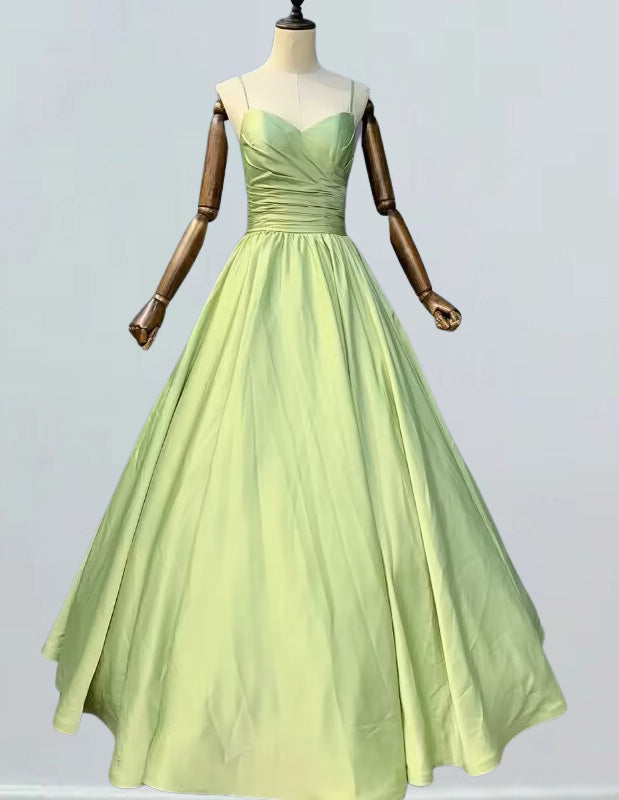 Women's Elegant Green Pleated Evening Gown | Spaghetti Strap Prom Dress