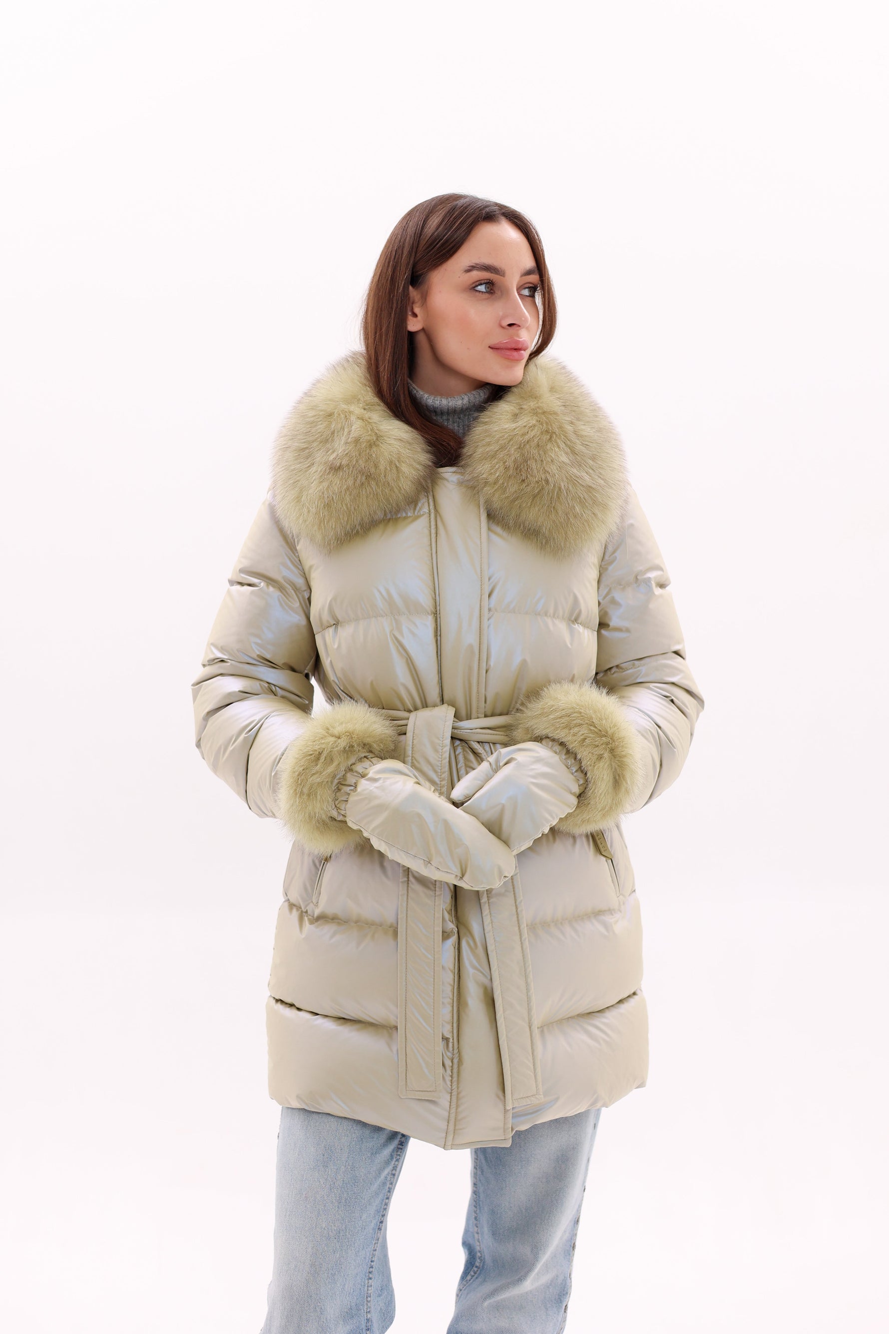 Genuine Fox Fur Down Coat with Fur Trim Mittens