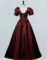 Burgundy v neck satin prom gown long evening dress bridal gown