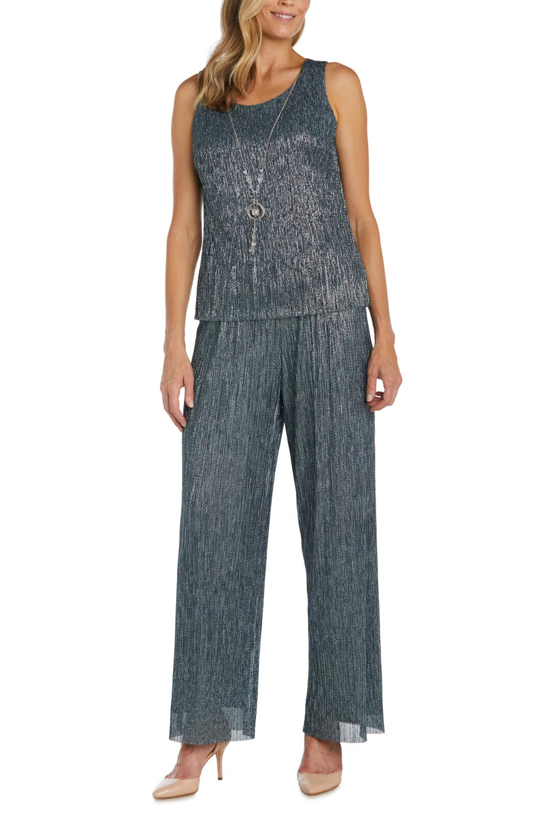 R&M Richards Three Piece Crinkle Pantsuit Mesh Chiffon Jacket Relaxed-Fit Trousers with Necklace