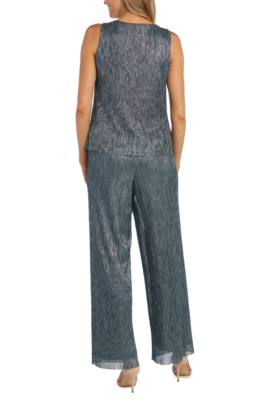 R&M Richards Three Piece Crinkle Pantsuit Mesh Chiffon Jacket Relaxed-Fit Trousers with Necklace