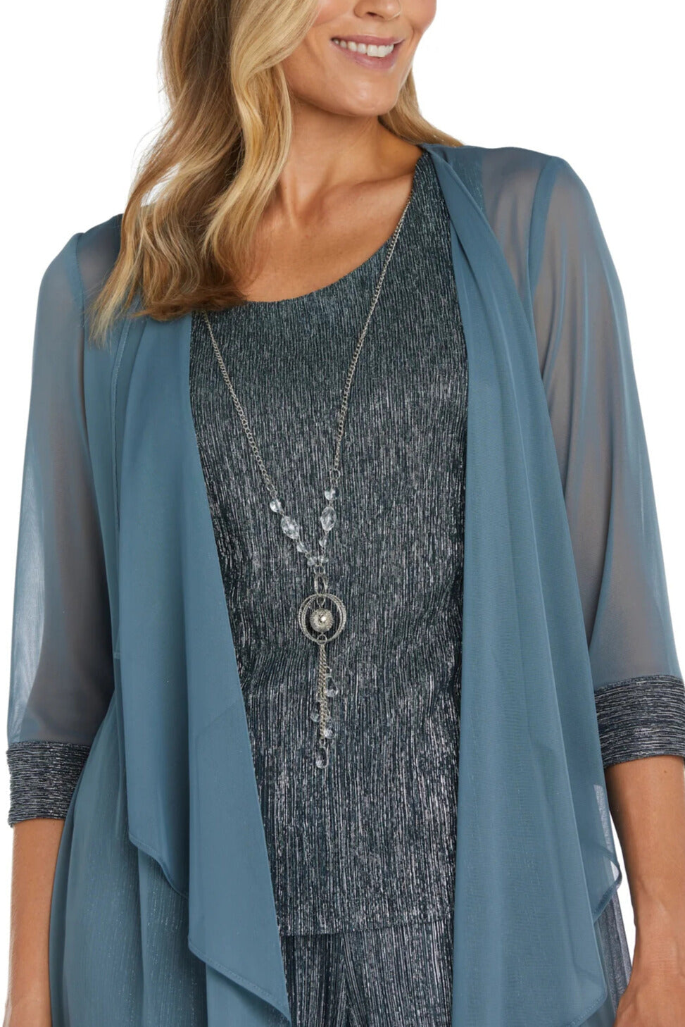 R&M Richards Three Piece Crinkle Pantsuit Mesh Chiffon Jacket Relaxed-Fit Trousers with Necklace