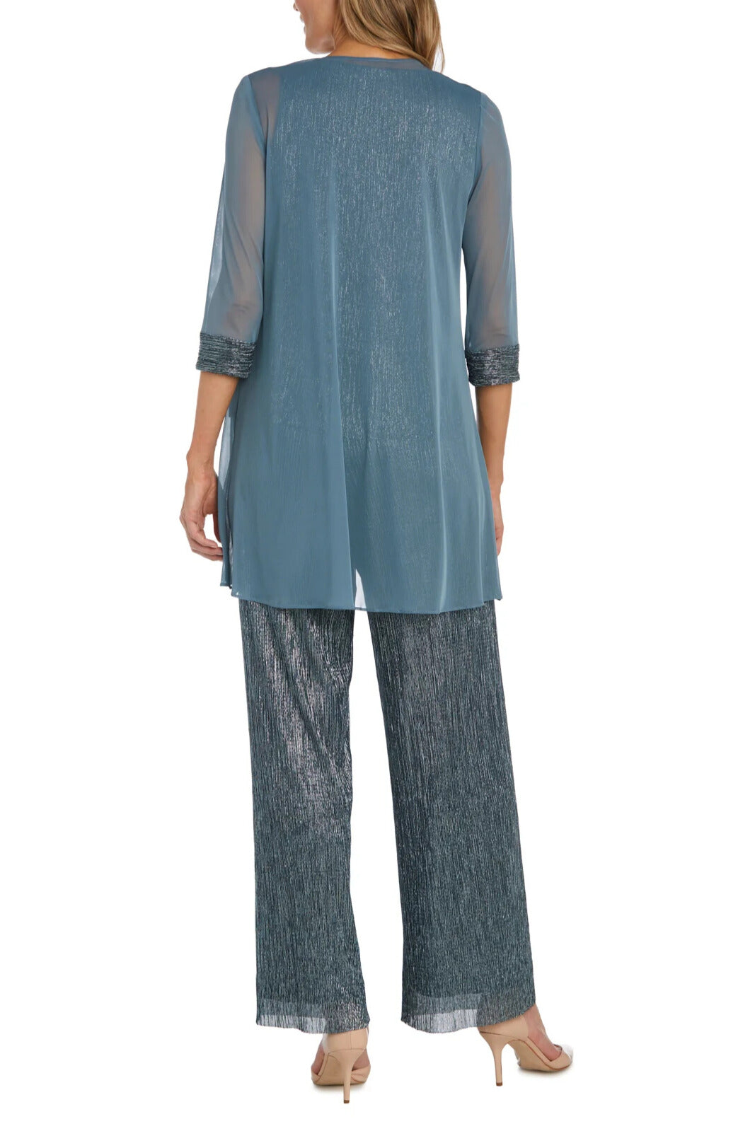 R&M Richards Three Piece Crinkle Pantsuit Mesh Chiffon Jacket Relaxed-Fit Trousers with Necklace