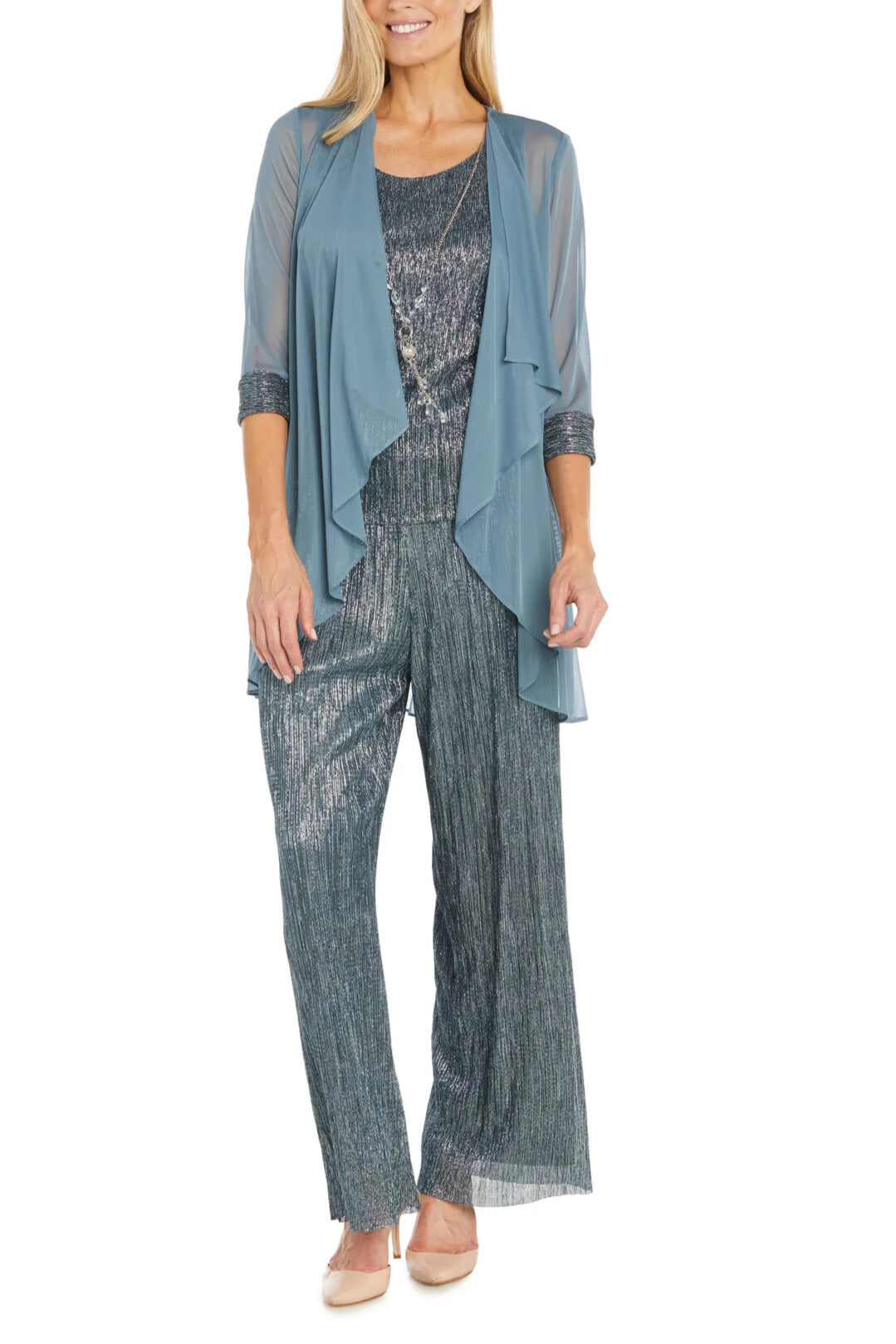 R&M Richards Three Piece Crinkle Pantsuit Mesh Chiffon Jacket Relaxed-Fit Trousers with Necklace