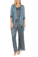 R&M Richards Three Piece Crinkle Pantsuit Mesh Chiffon Jacket Relaxed-Fit Trousers with Necklace