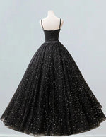 Women's Elegant Black Tulle Lace Ball Gown | Spaghetti Strap Evening Dress