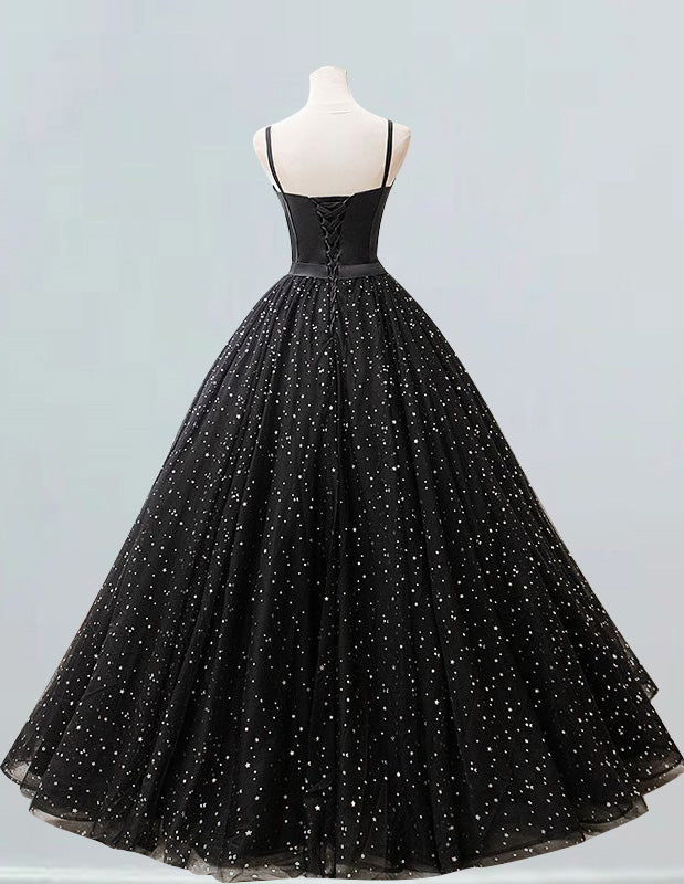Women's Elegant Black Tulle Lace Ball Gown | Spaghetti Strap Evening Dress