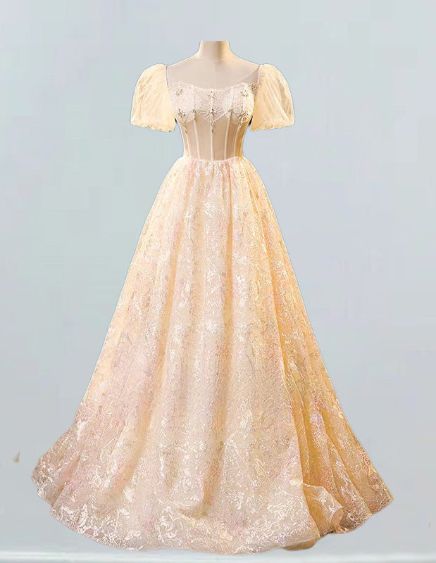 Champagne short sleeve long lace ball gown,Beaded a line tulle prom dress