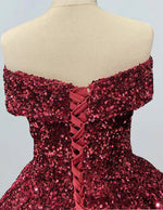 Burgundy Velvet Off-Shoulder Sequined Prom Dress with Long Train