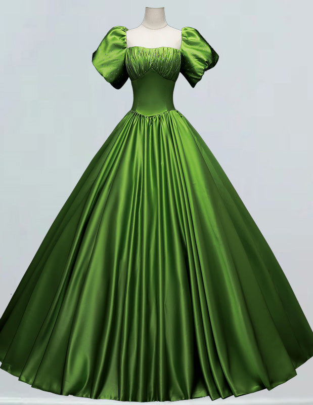 Green square neck pleated beaded crystal long satin prom dress ball gown evening party gown