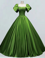 Green square neck pleated beaded crystal long satin prom dress ball gown evening party gown