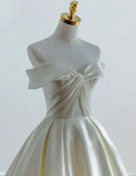 Elegant Ivory Satin Bridal Gown | Off-Shoulder Pleated Evening Dress