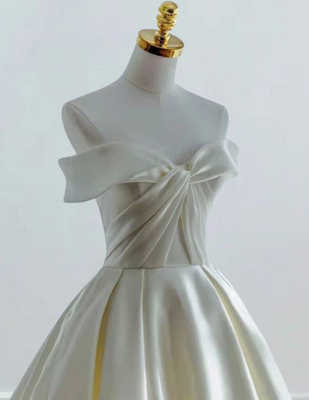 Elegant Ivory Satin Bridal Gown | Off-Shoulder Pleated Evening Dress